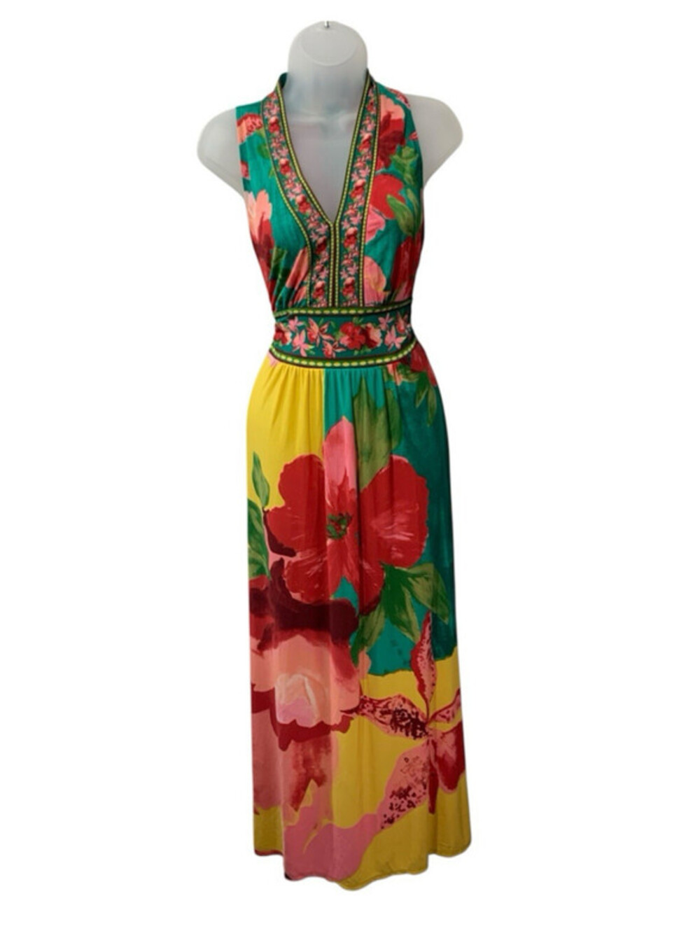 London Times Women's Vibrant Floral V-Neck Sleeveless A-line Maxi Dress Size 6